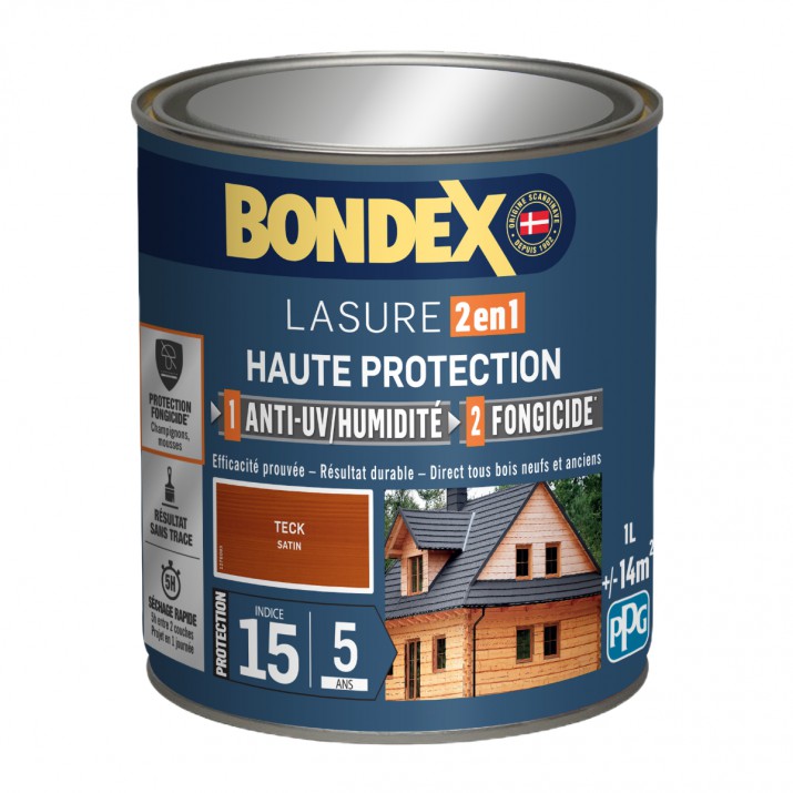 Bondex Lasure 2 en 1 Haute Protection – Anti UV/ Anti Humidité – Fongicide - Finition Mat velouté